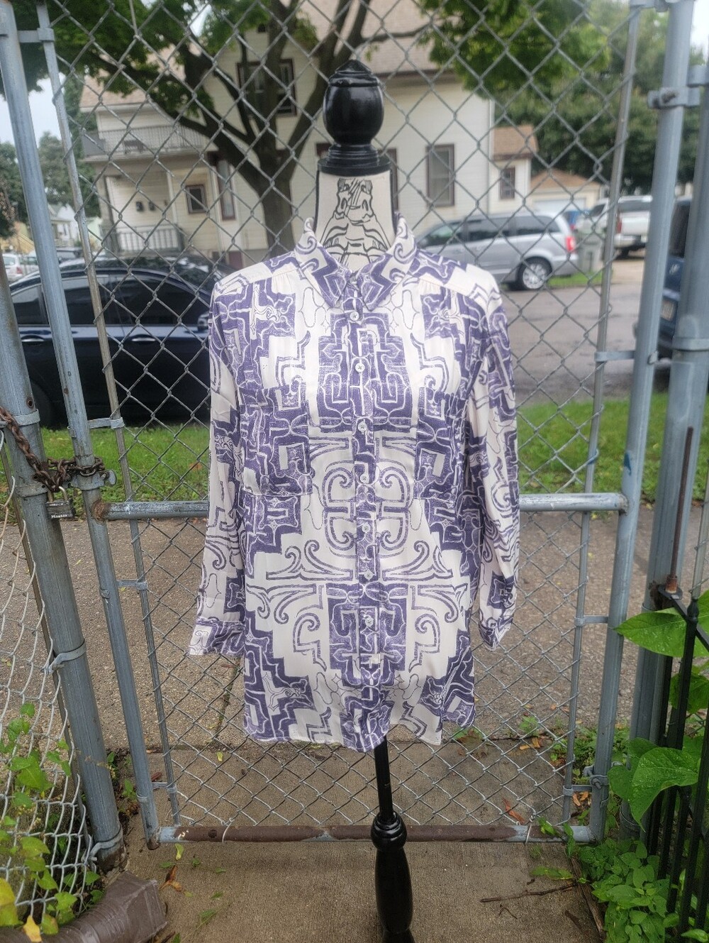 NWT By Anthropologie Purple Ivory Printed Button Down Tunic Blouse XLP Petite